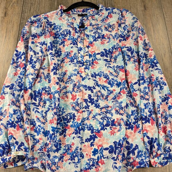 Talbots Top Womens Medium Petite Blue Floral Print Long Sleeve 1/2 Button - Picture 1 of 10